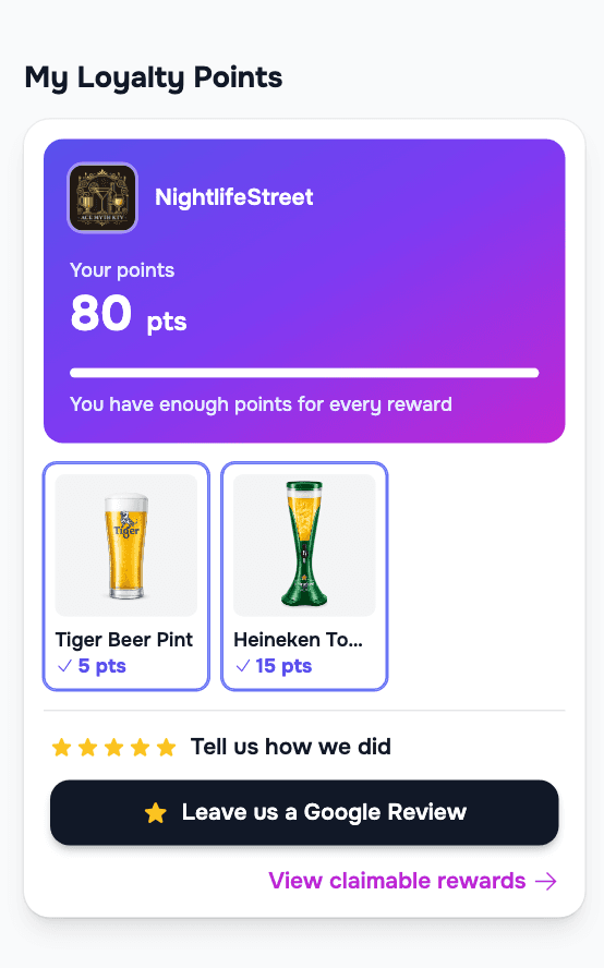 My Loyalty Points card on the customer dashboard, with rewards and a Leave us a Google Review button