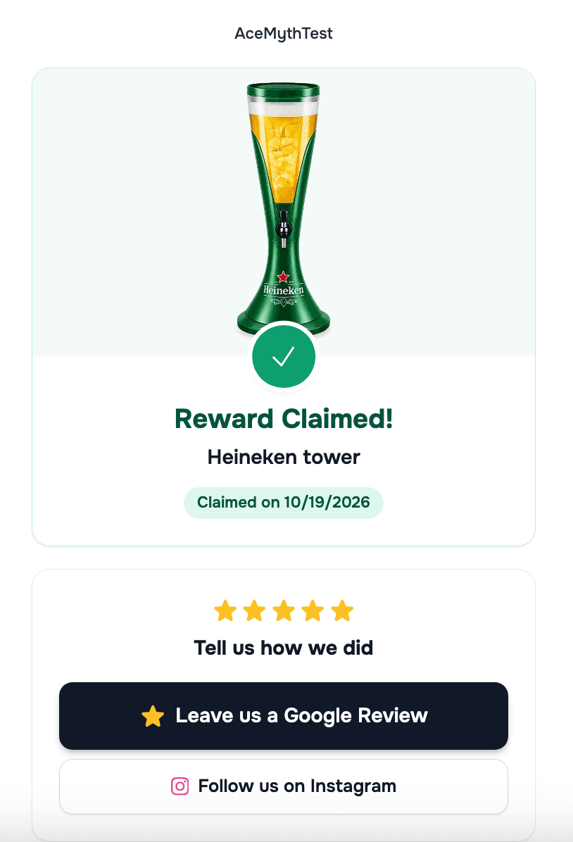 Reward claimed screen with a Leave us a Google Review button