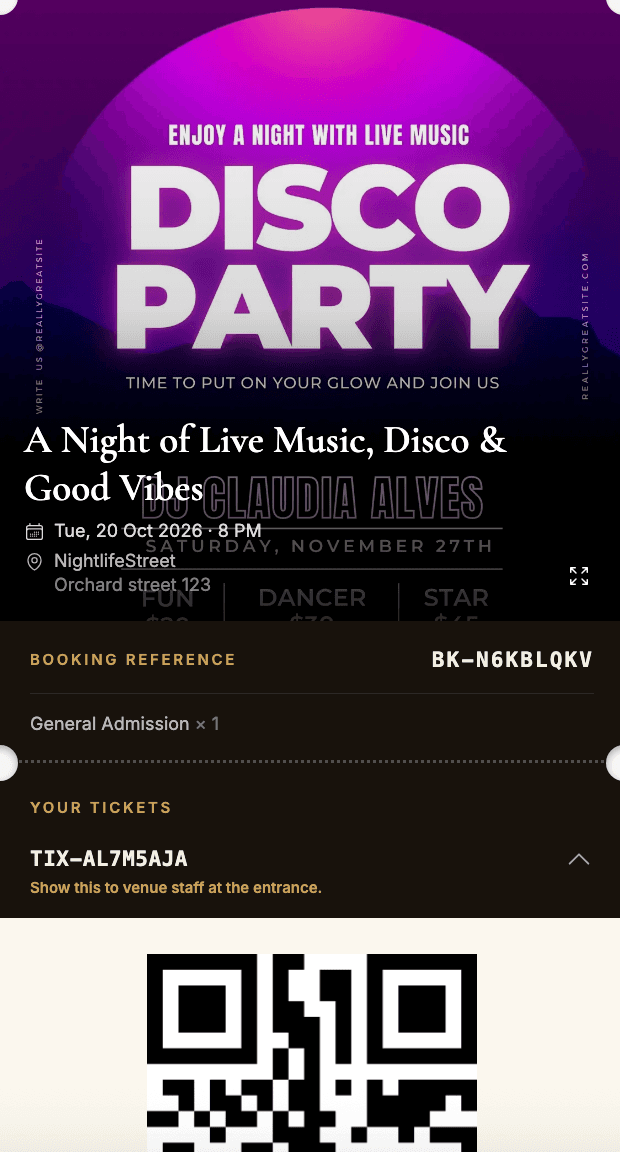 Close-up of a NightlifeStreet e-ticket with QR code