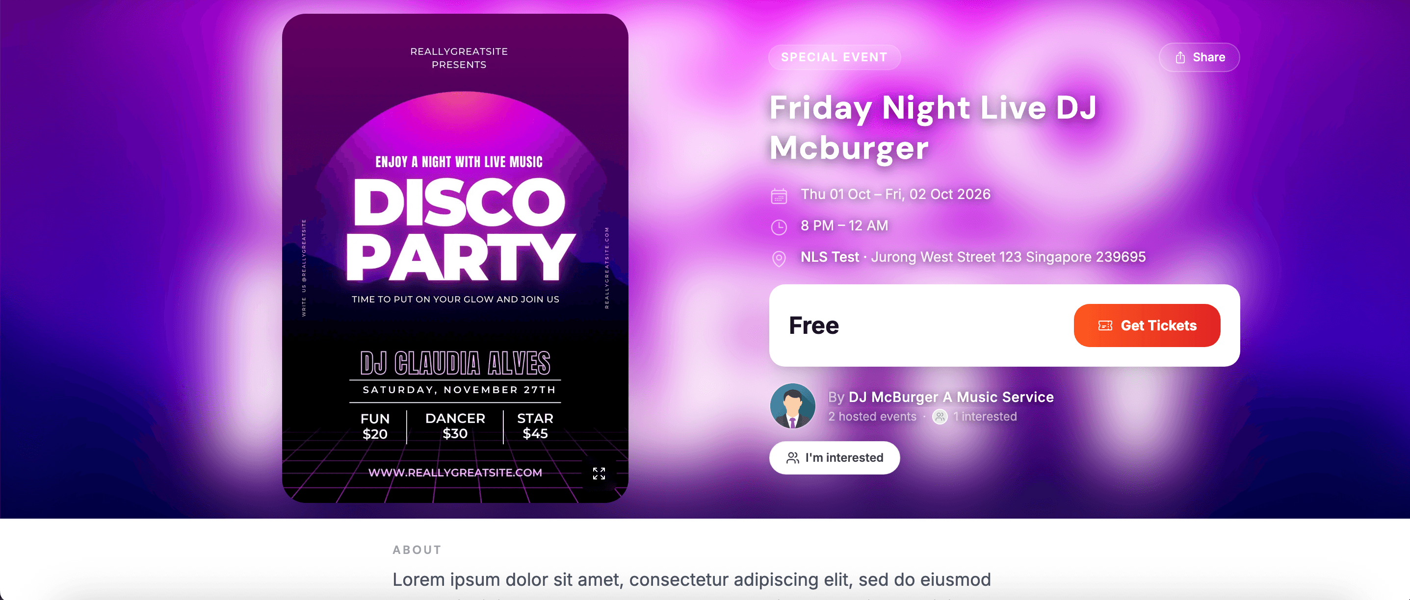 A published event ticket page on NightlifeStreet